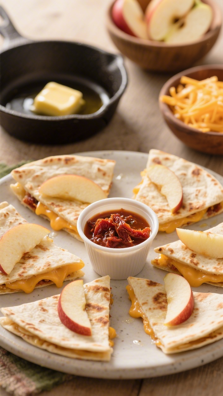 45-degree angle dipper scene of Apple Cheddar Quesadilla wedges arranged around a small cup of sun-dried tomato dipping sauce: street-taco size flour tortillas toasted in butter with visible melted sharp cheddar and thin crisp apple slices at the cut edge; a skillet with a pat of melting butter in the background, extra apple slices and shredded cheddar in small bowls; warm, cozy tones, focus on gooey cheese and crisp apple texture contrast, kid-lunch snack box vibe, no people.