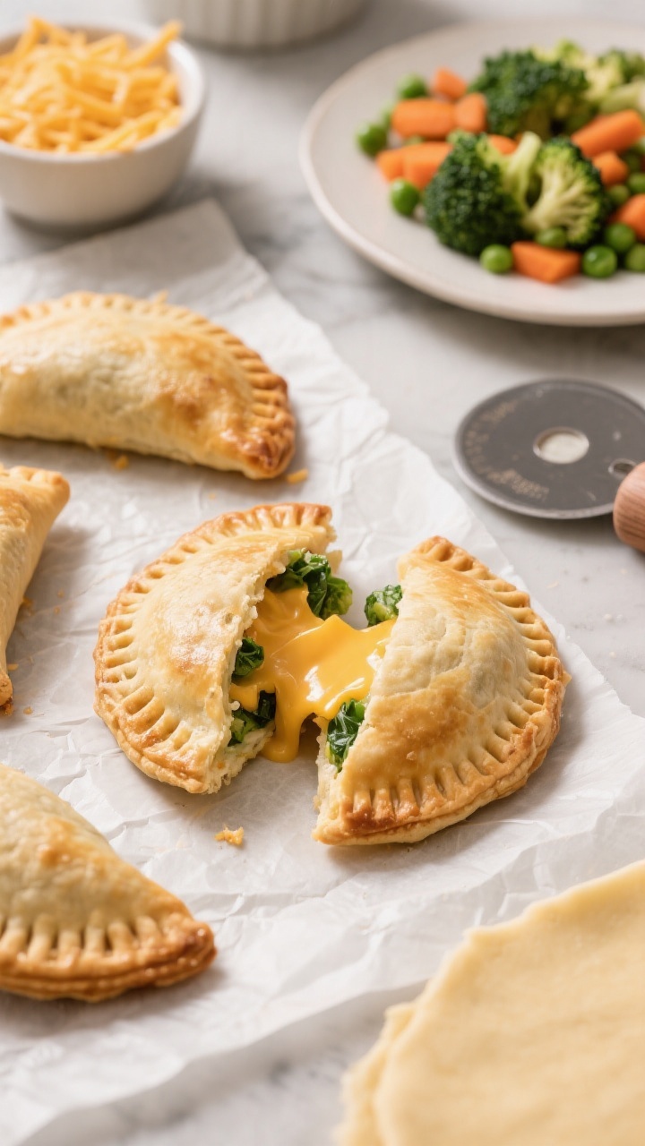 45-degree angle handheld-style composition of Cheesy Veggie Hand Pies on a sheet of parchment: golden puff pastry turnovers with crimped edges, one cut open to reveal a gooey cheddar-and-mozzarella pull and finely chopped steamed veggies (broccoli, carrots, peas, and spinach) inside. Include a small bowl of extra shredded cheese, a plate with the well-drained mixed veggies, and the corner of a thawed store-bought pie dough sheet with a round cutter nearby. Warm, savory tones, emphasis on flaky layers and melty cheese, appetizing bakery look.