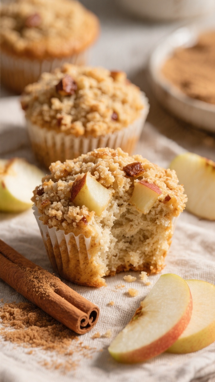 45-degree angle hero shot of Apple Cinnamon Streusel Muffins with a crunchy, buttery streusel crown, visible cinnamon and ginger specks, and tender apple chunks peeking through. Break one muffin open to reveal the moist crumb from the white whole wheat and all-purpose flour blend. Style with thin apple slices, a cinnamon stick bundle, a dusting of brown sugar and flour, and a warm linen; golden-hour light to enhance the cinnamon-apple warmth and make the streusel sparkle.