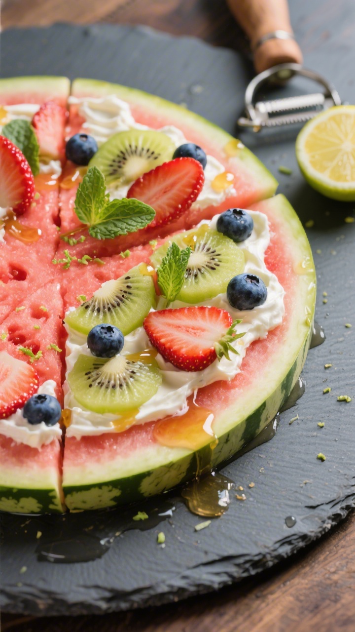 45-degree angle hero shot of Watermelon Pizza: a thick, round slice of seedless watermelon (rind on) “crust” spread with whipped cream cheese sweetened with honey, then artfully topped with strawberry slices, blueberries, kiwi wedges, and a few mint leaves. Finished with a glossy lime-honey drizzle and visible lime zest. Set on a chilled slate round, with a citrus zester and lime half nearby; punchy summer colors, crisp focus, mouthwatering condensation on the watermelon.