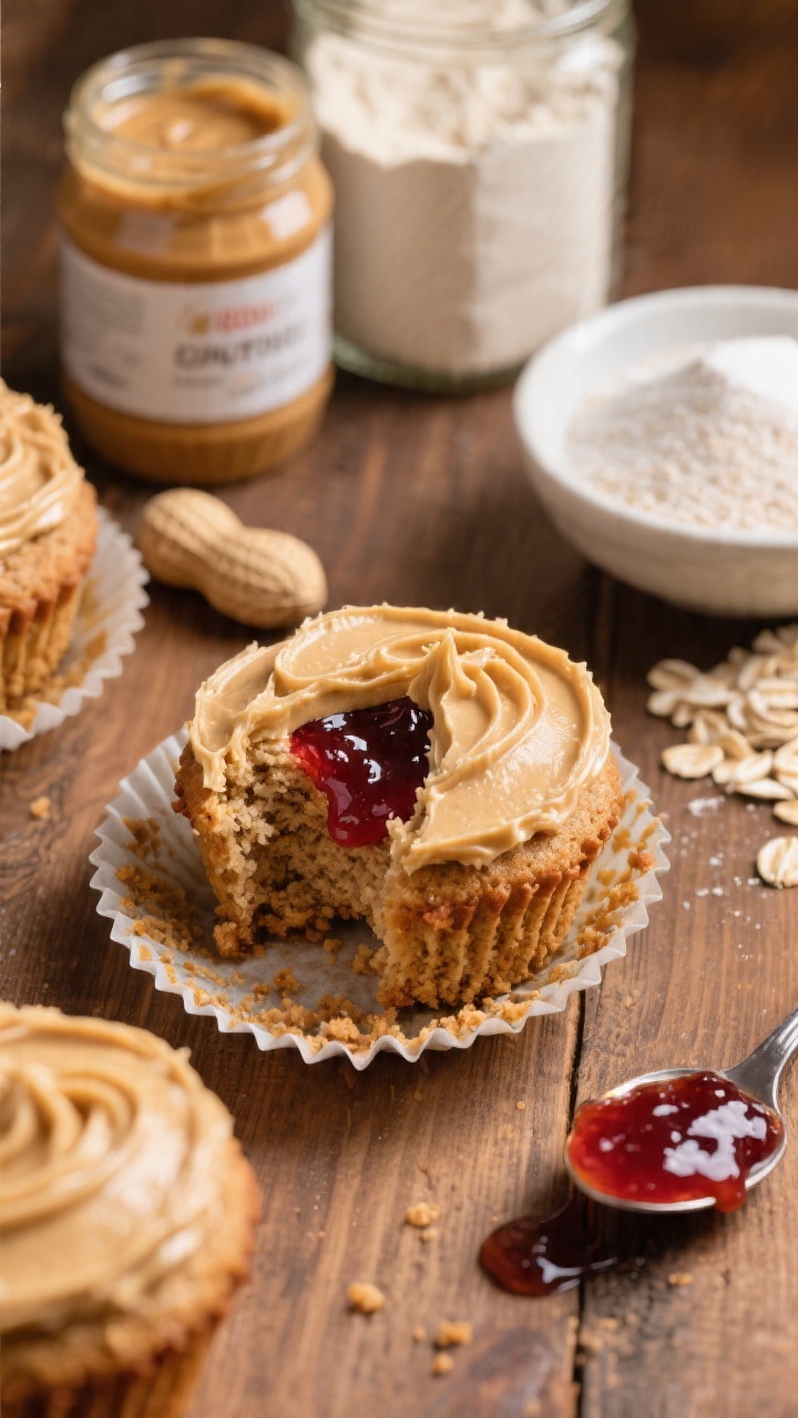 45-degree angle ingredient-plus-assembly shot for Peanut Butter & Jelly Power Cupcakes (Whole-Grain PBJ Treats): cupcakes split open to reveal a glossy swirl of strawberry (or grape) jam center, crowned with a smooth peanut butter frosting. Display jars of natural peanut butter, white whole wheat flour, oat flour, baking soda/powder nearby, with a small spoon trailing jam. Warm wood tabletop, inviting family-snack mood, tight focus on gooey PBJ filling and nutty crumb texture.
