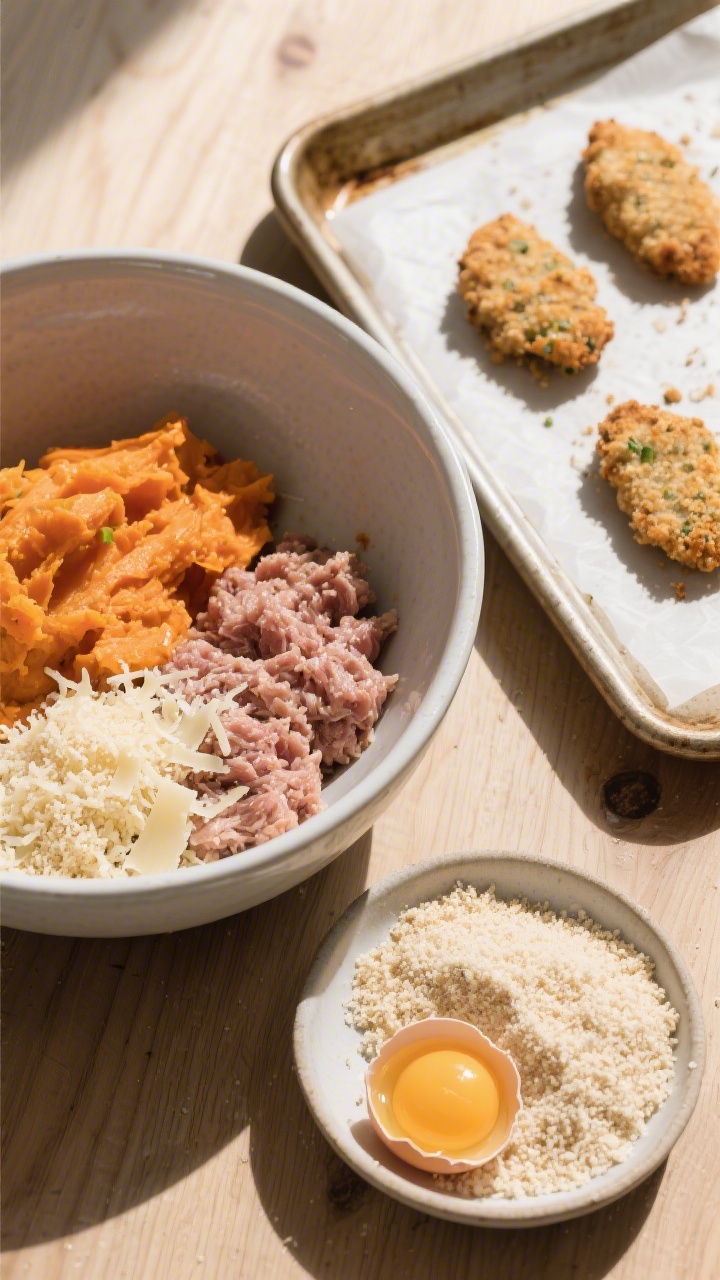45-degree angle ingredient-prep scene for turkey veggie nuggets: a mixing bowl with ground turkey, bright orange mashed sweet potato, fine breadcrumbs, grated parmesan, and a cracked egg ready to combine; extra breadcrumbs in a shallow dish for coating. A baking tray lined with parchment holds a few hand-shaped nuggets awaiting the oven, showing their coarse crumb texture. Clean wooden surface, directional light highlighting the contrasting colors and the nugget crumb.