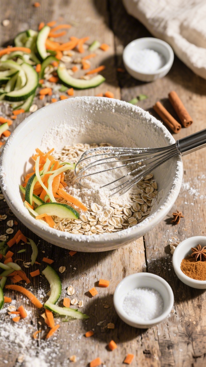 45-degree angle ingredient-prep scene for Zucchini Carrot Confetti Minis: a mixing bowl with whole wheat pastry flour and quick oats, sprinkled with baking powder and baking soda; ribbons of grated zucchini and carrot scattered like confetti, with cinnamon, nutmeg, and salt in tiny pinch bowls; a whisk mid-bowl, light dusting of flour on a rustic wooden surface; bright, natural light highlighting the colorful veggie flecks and warm spice tones, no people, crisp professional clarity.