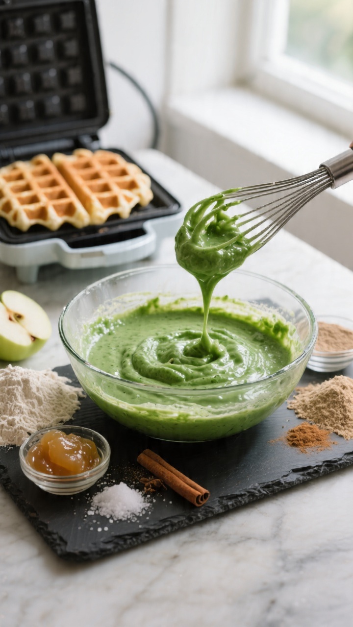 45-degree angle ingredient-prep shot: Sneaky spinach applesauce waffle batter mid-mix in a clear glass bowl, vivid green from fresh spinach blended with unsweetened applesauce. Surround with measured piles of whole wheat pastry flour, baking powder, baking soda, a pinch of fine salt, and a sprinkle of cinnamon on a dark slate board. A whisk drips thick green batter, and a preheated waffle iron sits open in the background. Natural window light, crisp focus on the glossy batter.