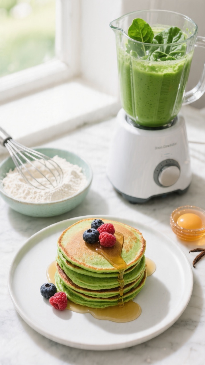 45-degree angle ingredient-to-final transformation scene for Rainbow Spinach Pancakes: a neat stack of vivid green pancakes on a matte white plate, lightly drizzled with maple syrup and a few fresh berries for contrast; beside it, a high-speed blender filled with a bright green mixture of baby spinach, milk, egg, honey, and vanilla; a small pile of all-purpose flour in a bowl with a whisk; bright, kid-friendly vibe, vibrant greens emphasized, natural daylight, no people.