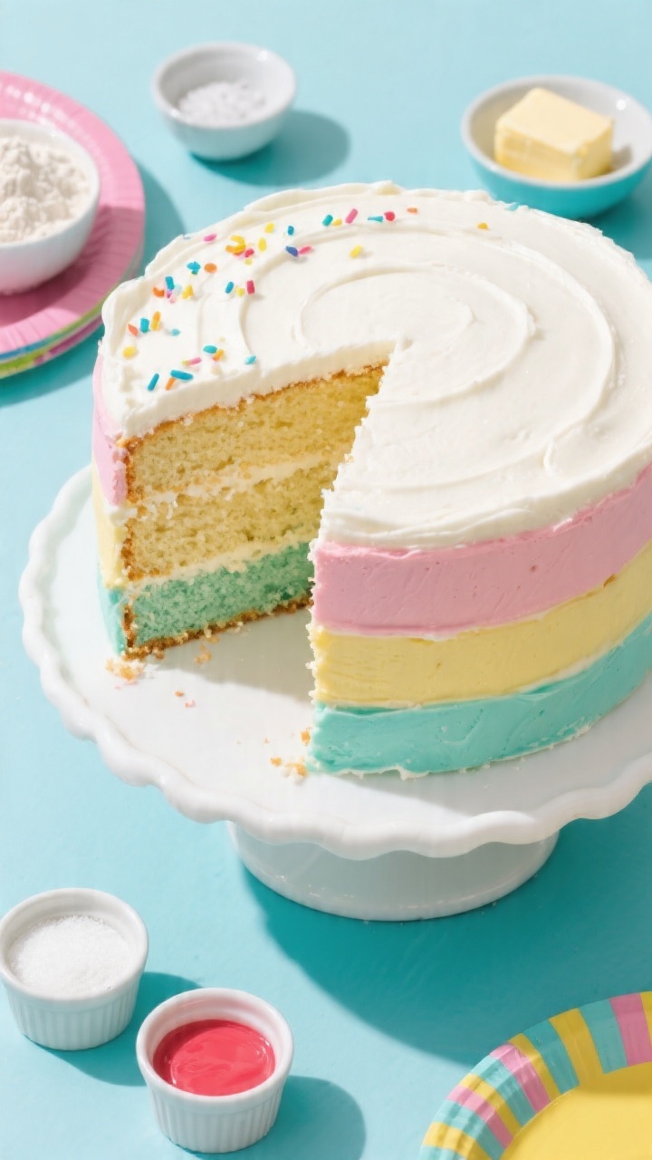 45-degree angle of a Rainbow Layer snack cake without the stress: three neat, shorter layers in soft pastel hues (pink, yellow, teal) made from a simple vanilla batter, filled and topped with smooth white frosting; clean, even crumbs at the cut slice to show airy texture; minimal confetti sprinkle accent on top for pop; styling includes small bowls with flour, baking powder/soda, fine salt, room-temp butter, granulated sugar, and three tiny ramekins of gel food coloring; bright, kid-friendly mood with a white cake stand and colorful paper plates, daylight for vibrant color accuracy.