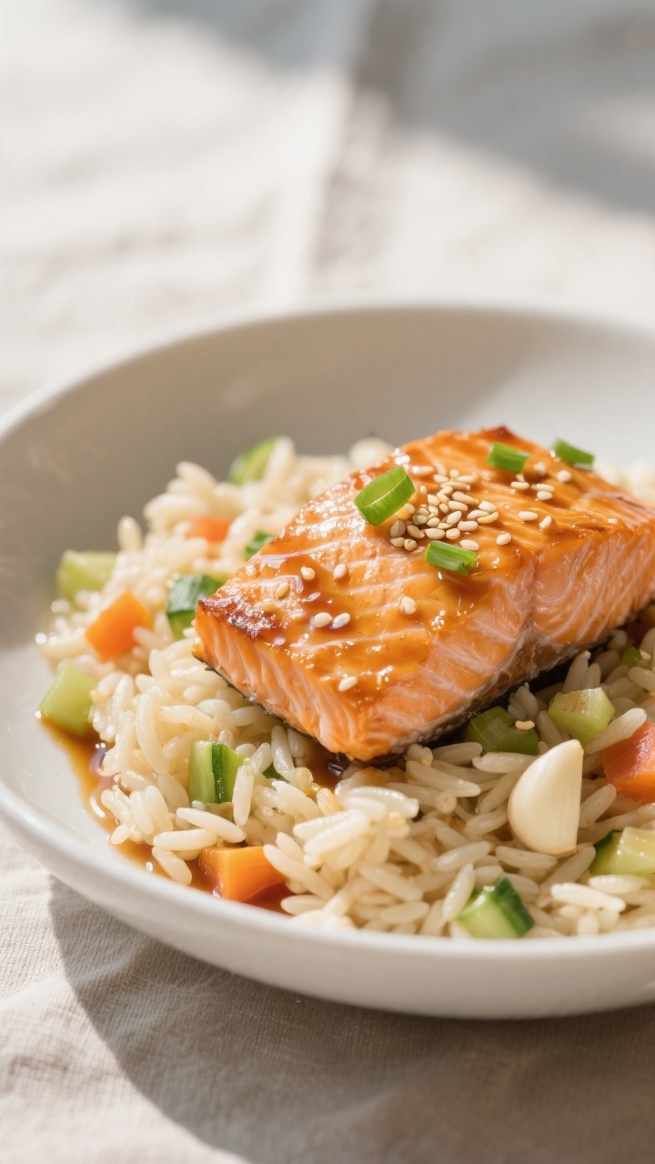 45-degree angle of honey-garlic salmon flakes over soft veggie orzo: tender flakes of salmon (skin-on fillet cooked then flaked) glistening with a honey, low-sodium soy sauce (or coconut aminos), rice vinegar, and garlic glaze, arranged atop creamy orzo studded with soft diced vegetables; a glossy, amber sheen on the salmon, with a light drizzle of sauce pooling slightly; garnished with a few sesame seeds and finely sliced green onion for freshness; set in a shallow white bowl on a neutral linen, natural window light highlighting the glaze.