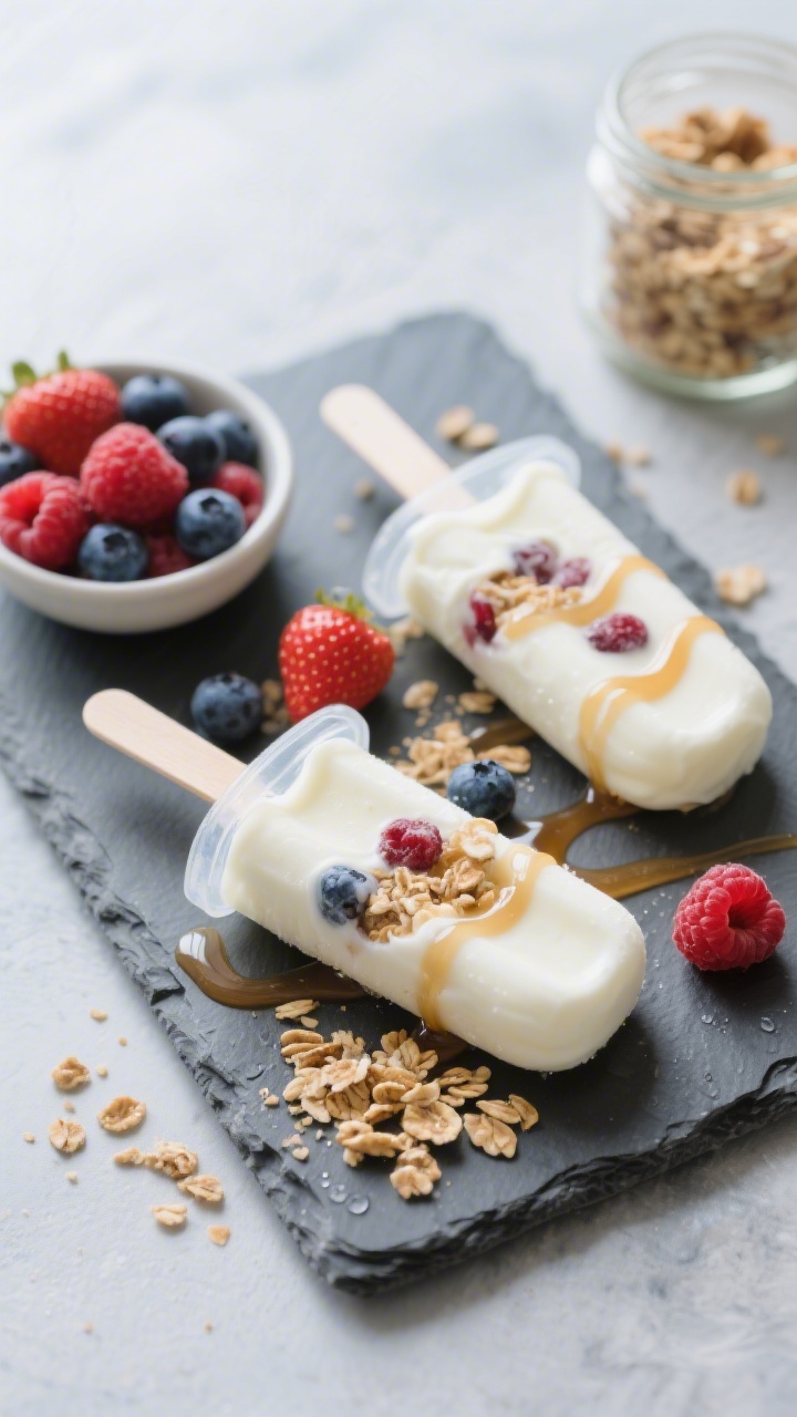 45-degree angle of Yogurt Parfait Popsicles with hidden whole grains: frosty Greek yogurt pops in clear molds and unmolded on a chilled slate, showcasing visible swirls of vanilla yogurt lightly sweetened with honey and studded with mixed berries (strawberries, blueberries, raspberries); subtle ribbon of maple syrup glaze and a sprinkle of finely crumbled whole-grain granola folded within for texture; a small bowl of berries and a jar of granola nearby; soft, cool lighting emphasizing condensation and creamy texture, playful summer vibe.