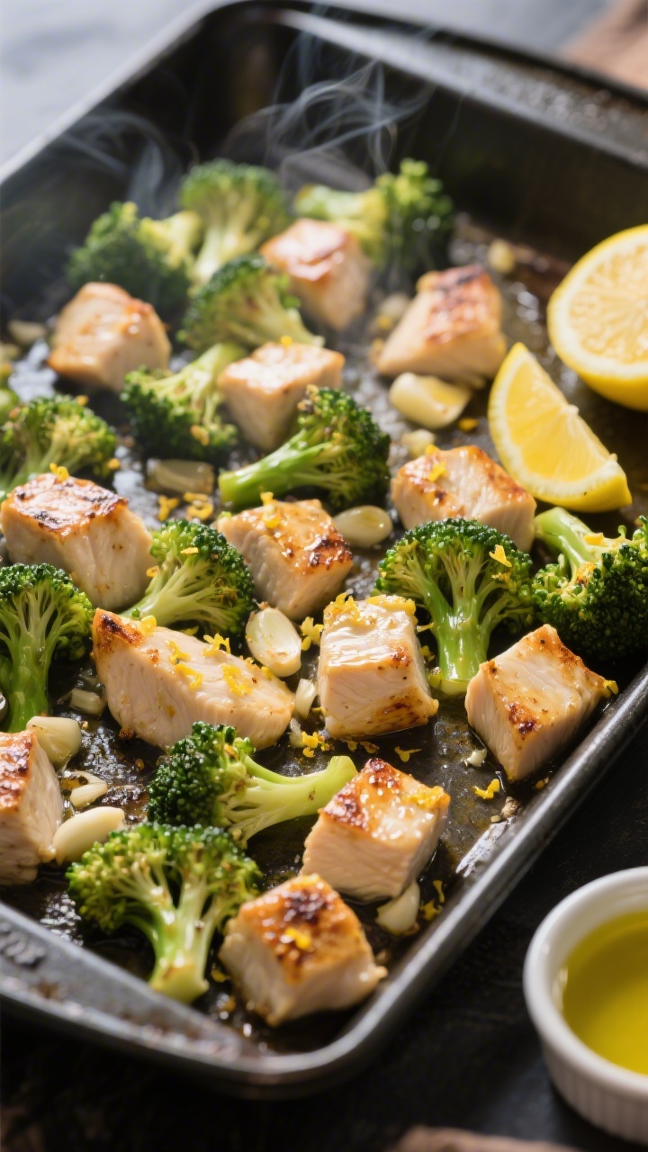 45-degree angle pan shot of One-Pan Lemon-Garlic Chicken Bites With Broccoli “Trees” sizzling on a dark sheet pan: 1-inch chicken breast cubes seared with a glossy olive oil sheen, tossed with minced garlic, lemon zest, and a splash of lemon juice; small broccoli florets (“trees”) roasted to vibrant green with lightly charred tips. Visible lemon zest flecks on the chicken, tiny beads of juice, and a brushed-on oil shine; lemon halves and a ramekin of olive oil at the pan’s corner; warm, weeknight-comfort vibe, crisp detail and steam wisps.