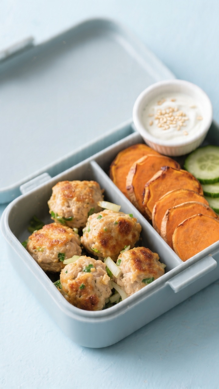 45-degree angle plated bento box shot featuring mini chicken meatballs and sweet potato coins: golden-browned bite-size meatballs made from ground chicken mixed with finely grated zucchini (visible green flecks) and onion, nestled in a compartment; next to neatly arranged roasted sweet potato coin slices with caramelized edges. Include a tiny ramekin of mild dipping yogurt, a sprinkle of sesame seeds optional, and a side of cucumber slices for freshness. Clean lunchbox styling on a pale blue background, soft diffused light, focus on juicy meatball texture and vibrant orange coins.