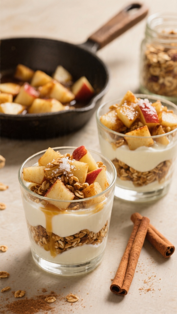45-degree angle plated parfaits in clear glasses: layered cinnamon-sautéed diced apples (butter-kissed with a sheen), creamy Greek yogurt, and crunchy granola repeating to the rim; a drizzle of maple syrup, a dusting of cinnamon, and a tiny pinch of sea salt on top; props include a small skillet with remaining caramelized apples, a cinnamon stick, and a jar of granola in the background; cozy, golden light highlighting the warm apple-cinnamon tones.