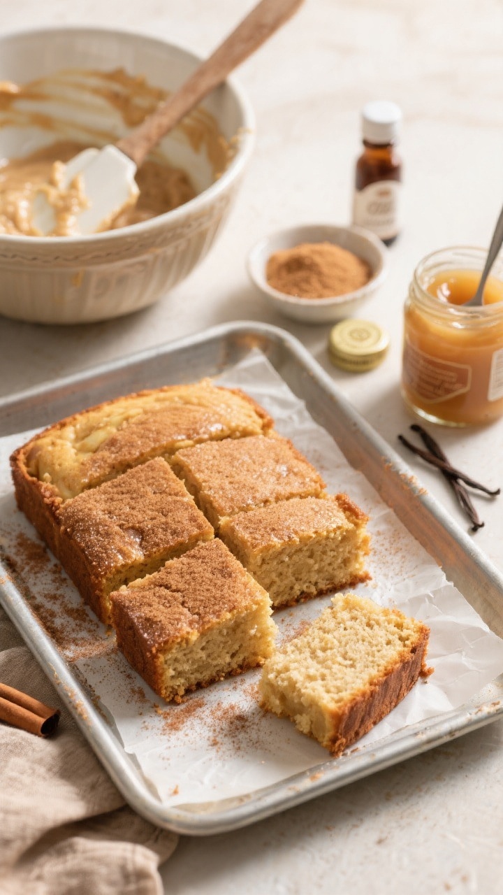 45-degree angle plated presentation of a One-Bowl Applesauce Snack Cake sliced into tidy squares on a parchment-lined metal tray, each piece dusted with cinnamon sugar. Visible tender crumb with a glossy edge from neutral oil, subtle applesauce sheen. In the background: a mixing bowl with a rubber spatula streaked with batter, a small dish of packed light brown sugar, a bottle-cap style vanilla extract, and a jar of unsweetened applesauce with a spoon. Cozy, golden afternoon light for a homey snack feel.