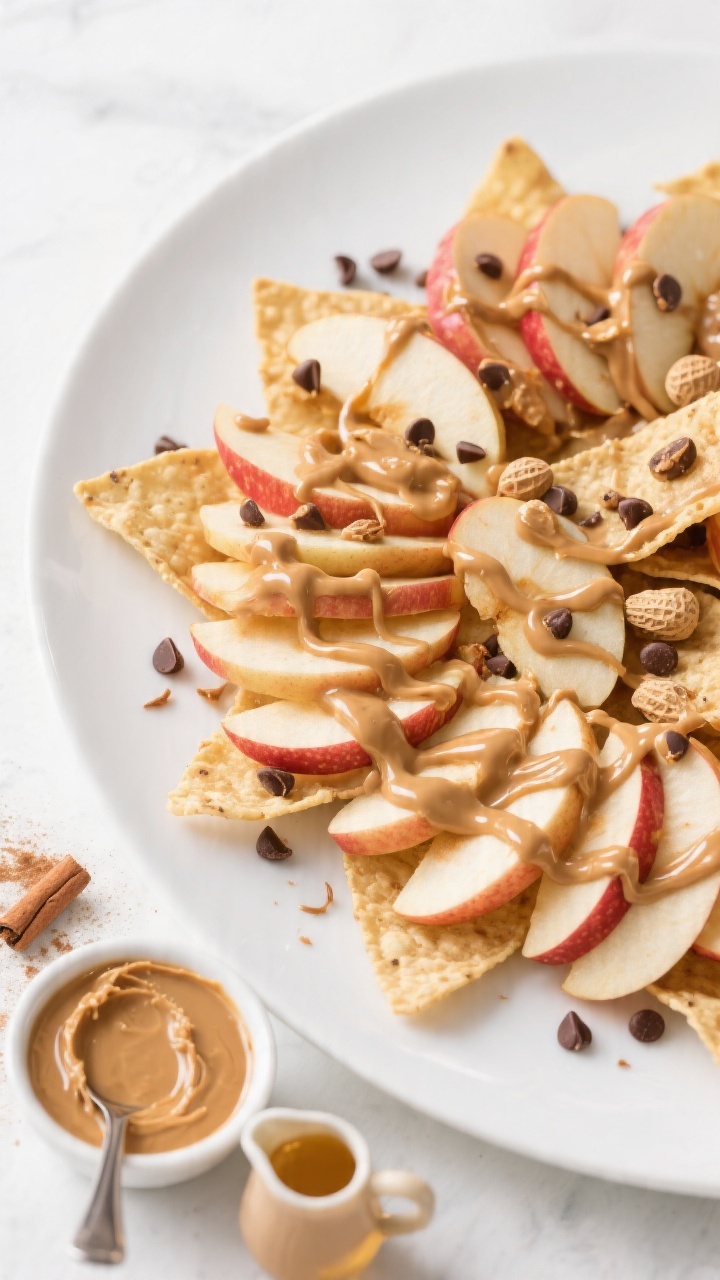45-degree angle plated presentation of Apple Nachos With Peanut Butter Drizzle: a large white plate fan-arranged with thinly sliced crisp apples (Honeycrisp, Fuji, or Gala), drizzled in glossy warmed peanut butter loosened with a splash of warm water and sweetened with honey, creating silky ribbons across the apple “chips.” Optional sprinkles like mini chocolate chips and a dusting of cinnamon add texture; a small bowl of peanut butter with a spoon and a tiny pitcher of honey are nearby. Clean, bright look with fresh apple sheen and visible peanut butter gloss; shallow depth of field to make the drizzle look irresistible.