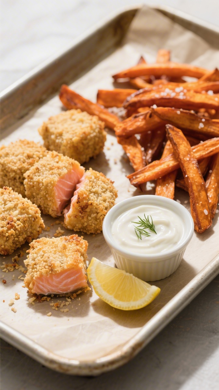45-degree angle plated presentation of baked salmon nuggets and sweet potato fries on a parchment-lined sheet pan: golden whole-wheat panko-Parmesan crust clinging to 1-inch salmon cubes, moist pink interior visible on a split nugget; caramelized sweet potato fry sticks sprinkled with sea salt; a ramekin of plain yogurt-dill dip and a lemon wedge for color; capture crunchy texture and gentle oven-browned edges; warm, directional light, shallow depth of field.