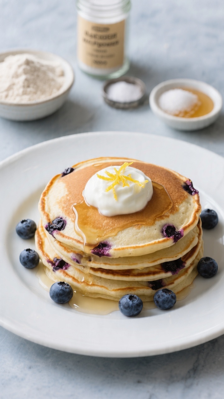 45-degree angle plated presentation of Blueberry Yogurt Power Pancakes, fluffy and studded with bursting blueberries, a dollop of plain yogurt melting on top, light honey drizzle, and a sprinkle of lemon zest for brightness; include ingredients in scene: a small bowl of white whole wheat flour, a jar labeled baking powder and one labeled baking soda, a pinch of salt in a pinch bowl, and a small dish of sugar or honey; cool-toned background, crisp professional lighting highlighting protein-rich yogurt.