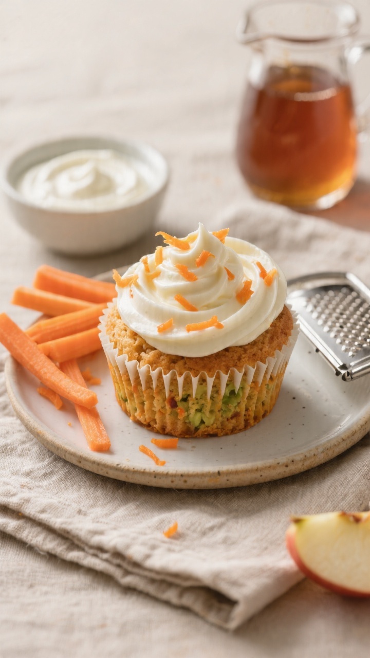 45-degree angle plated presentation of Hidden-Veg Carrot Apple Cupcakes with a creamy yogurt swirl on top. Visible orange flecks of finely grated carrot and pale apple shreds in the tender crumb, subtle sheen from avocado oil. Style with a small bowl of thick yogurt for swirling, a drizzle-ready pitcher of maple syrup, and a microplane with fresh carrot ribbons and apple matchsticks. Warm, kid-friendly vibe, muted linen, no people, sharp focus on moist texture and swirl.