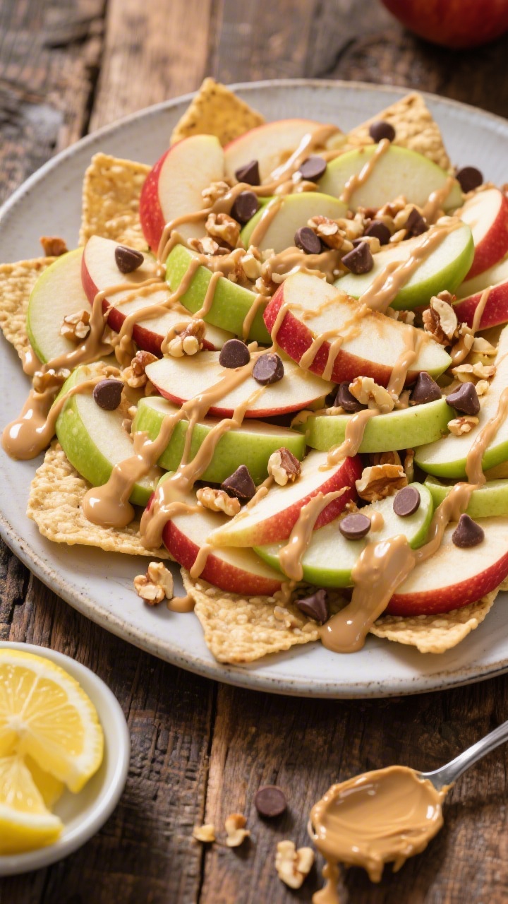 45-degree angle plated presentation of No-Bake Apple Nachos: a large round platter layered with thinly sliced crisp apples (mix of Honeycrisp, Fuji, and Granny Smith) tossed with a sheen of lemon juice, drizzled in warm creamy peanut butter in zigzags, sprinkled with mini chocolate chips and chopped nuts; vibrant green and red apple skins visible, glossy peanut butter strands, set on a rustic wood table with a small dish of lemon wedges and a spoon with peanut butter drip.