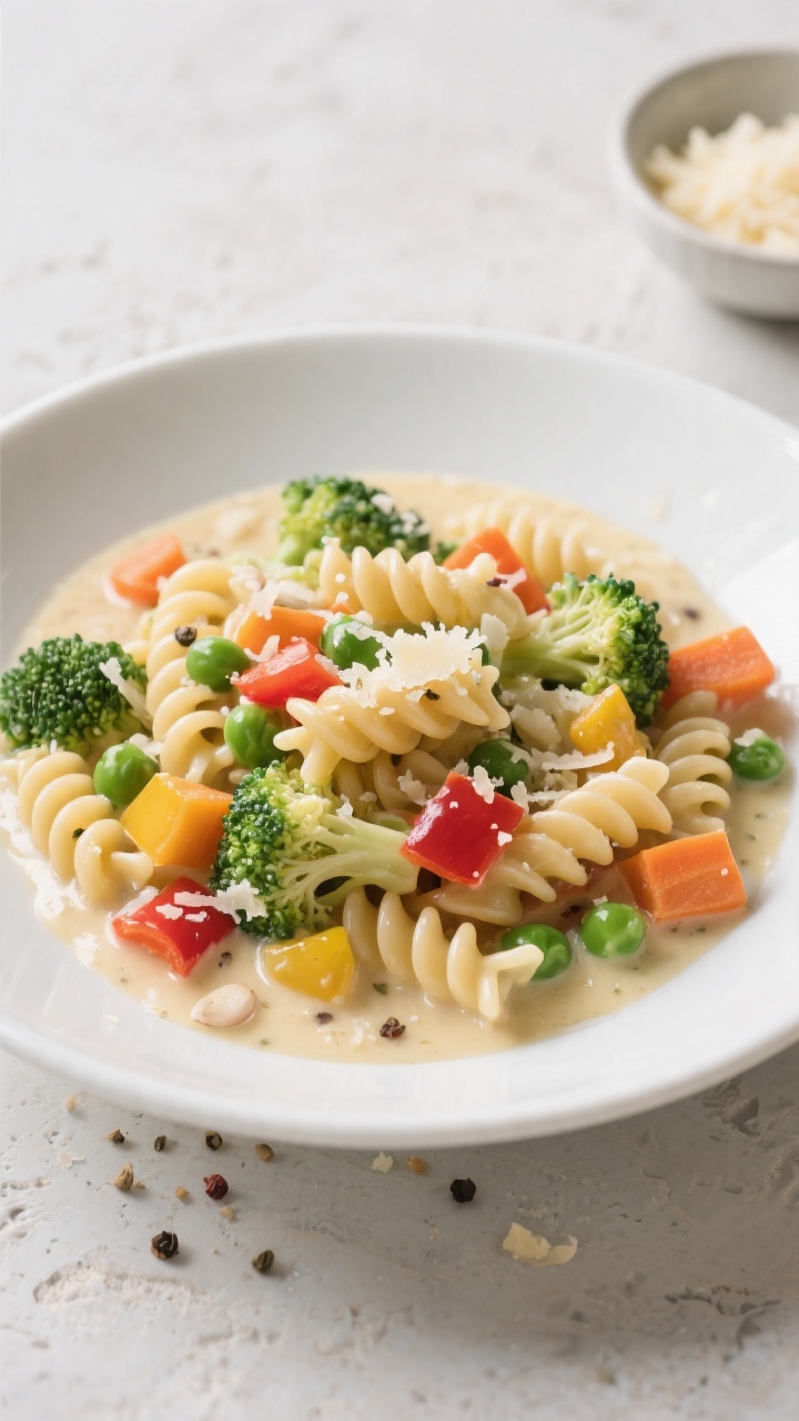 45-degree angle plated presentation of rainbow veggie pasta tossed in a silky creamy garlic-Parmesan sauce: short pasta (rotini) coated and glossy, with finely chopped broccoli florets, diced carrots, peas, and red/yellow bell pepper pieces evenly distributed; visible minced garlic specks and grated Parmesan clinging to the sauce; served in a wide white bowl with a light olive oil sheen and cracked pepper, on a pale stone surface with a small bowl of extra Parmesan in the background; bright, colorful, Italian-inspired comfort vibe.