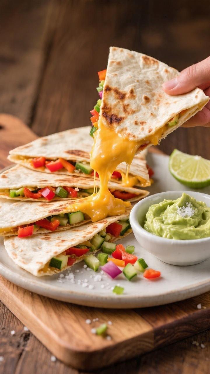 45-degree angle plated presentation of rainbow veggie quesadilla wedges: flour tortillas griddled to light golden-brown, cut into neat triangles showing oozy melted mild cheddar/Colby Jack with finely chopped red bell pepper and zucchini confetti inside; served with a small bowl of creamy avocado dip (smooth, pale green, lime-bright) garnished with a pinch of salt; a few extra finely chopped veggies sprinkled on the board; warm wood background, clean edges, cheese pull visible from one lifted wedge, vibrant colors pop.