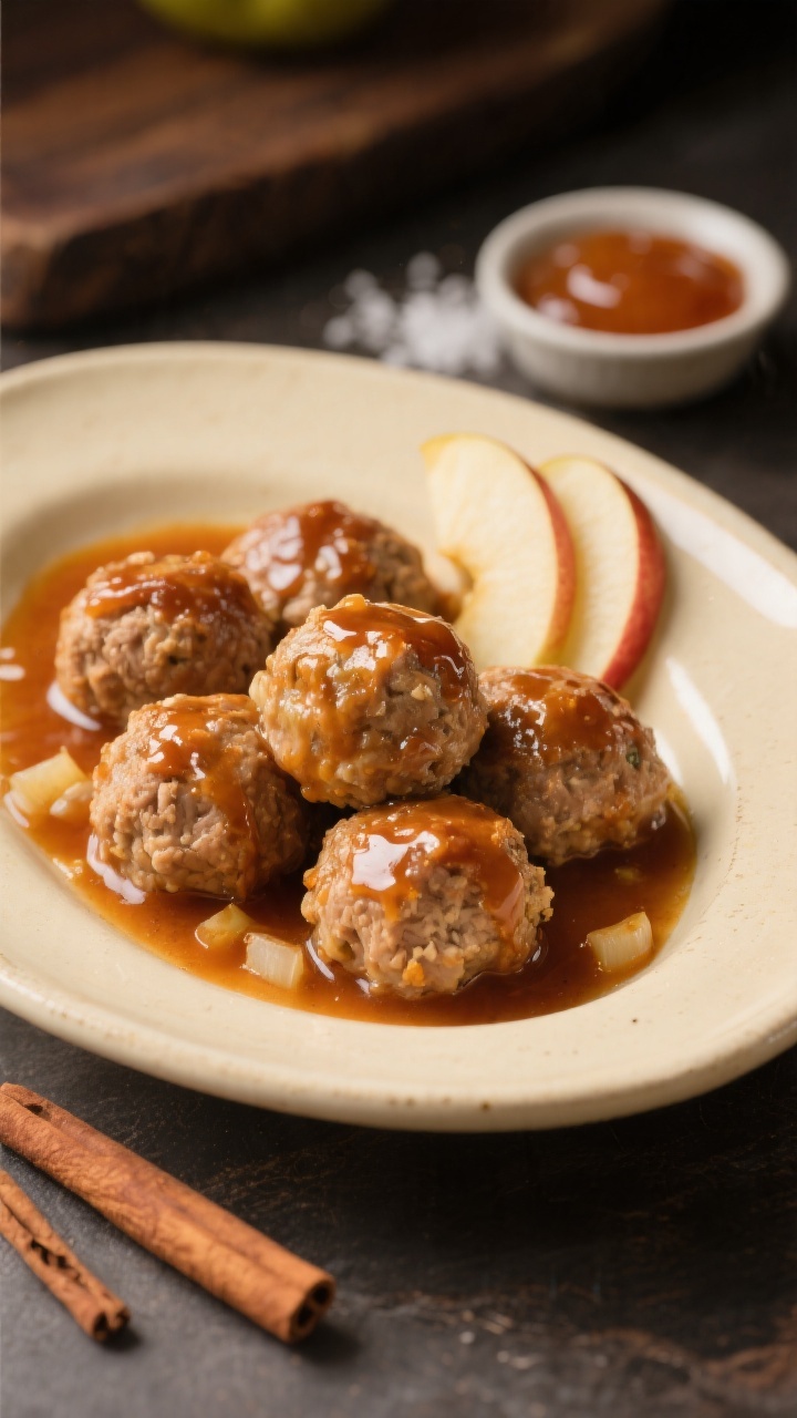 45-degree angle plated presentation of sweet apple turkey meatballs glazed in a cozy cinnamon-apple sauce: plump meatballs made from ground turkey, breadcrumbs, egg, finely grated onion, and applesauce, lightly browned and nestled in a warm amber sauce with visible cinnamon notes; served in a shallow cream ceramic dish with a small side dish of extra applesauce; a few apple slices and a pinch of kosher salt in the background for context; glossy, tender texture emphasized, no people, warm tungsten-style lighting.