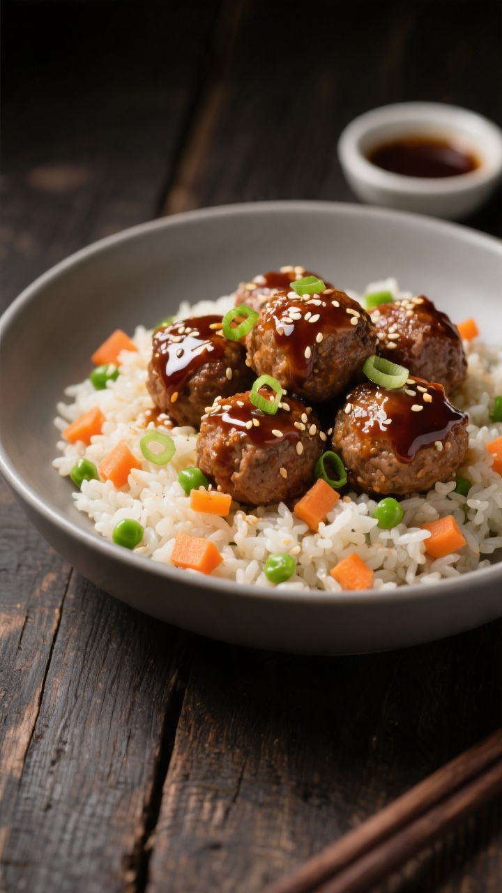 45-degree angle plated presentation of sweet teriyaki turkey meatballs over veggie rice: glossy, well-browned turkey meatballs (ground turkey mixed with plain breadcrumbs, finely grated onion, egg, milk, garlic powder, salt, pepper) lacquered with a shiny teriyaki glaze, nestled atop fluffy rice studded with finely diced carrots and peas; sprinkled with sesame seeds and a few sliced scallions for contrast; served in a shallow matte bowl on a dark wood surface, with a small dish of teriyaki sauce nearby, dramatic side lighting to emphasize glaze and texture.