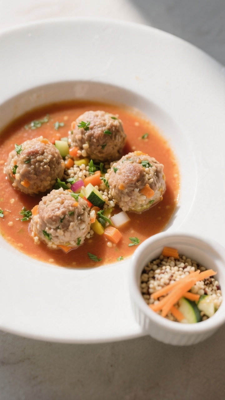 45-degree angle plated presentation of turkey, quinoa & rainbow veggie meatballs in a mild tomato broth: small, toddler-friendly meatballs made from ground turkey, cooked quinoa, finely grated carrot and zucchini, and very finely minced onion, nestled in a shallow pool of light tomato broth; garnished with tiny parsley flecks; served in a low, wide white bowl with a side ramekin showing uncooked mix-ins (quinoa, grated carrot, squeezed-dry zucchini); soft side lighting to emphasize moist, tender crumb and subtle color specks in the meatballs.