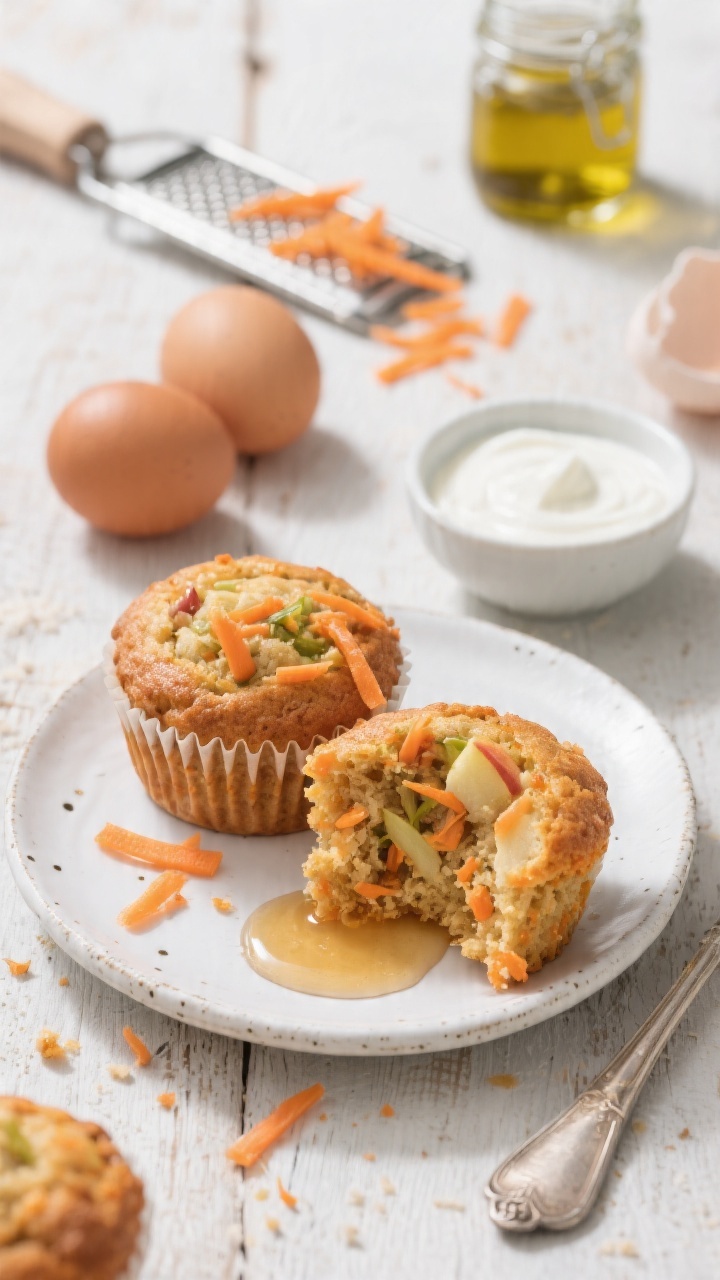 45-degree angle plated presentation of veggie-loaded carrot apple muffins on a rustic white plate, cut muffin showing moist orange-flecked interior with visible finely grated carrot and apple strands. Style with a drizzle pot of pure maple syrup nearby, a small bowl of plain whole-milk yogurt for dipping, and a glass jar of olive oil in the background. Include two brown eggs and a fine grater dusted with carrot shavings to hint at prep. Bright, family-friendly vibe, natural light, subtle crumbs on the table, sharp focus on the tender crumb and glossy tops.