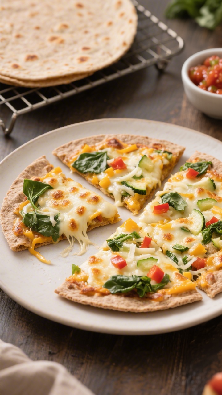 45-degree angle plated scene of Cheesy Veggie Quesadilla Pizzas on whole-wheat tortillas: tortillas topped edge-to-edge with a blend of melted part-skim mozzarella and cheddar, speckled with finely chopped baby spinach, tiny diced bell pepper, and grated zucchini; lightly blistered cheese with golden spots, slices cut into wedges like mini pizzas; a cooling rack with another tortilla pizza in the background, a small bowl of mild salsa on the side; warm, inviting tones, sharp cheese pull visible on one wedge.