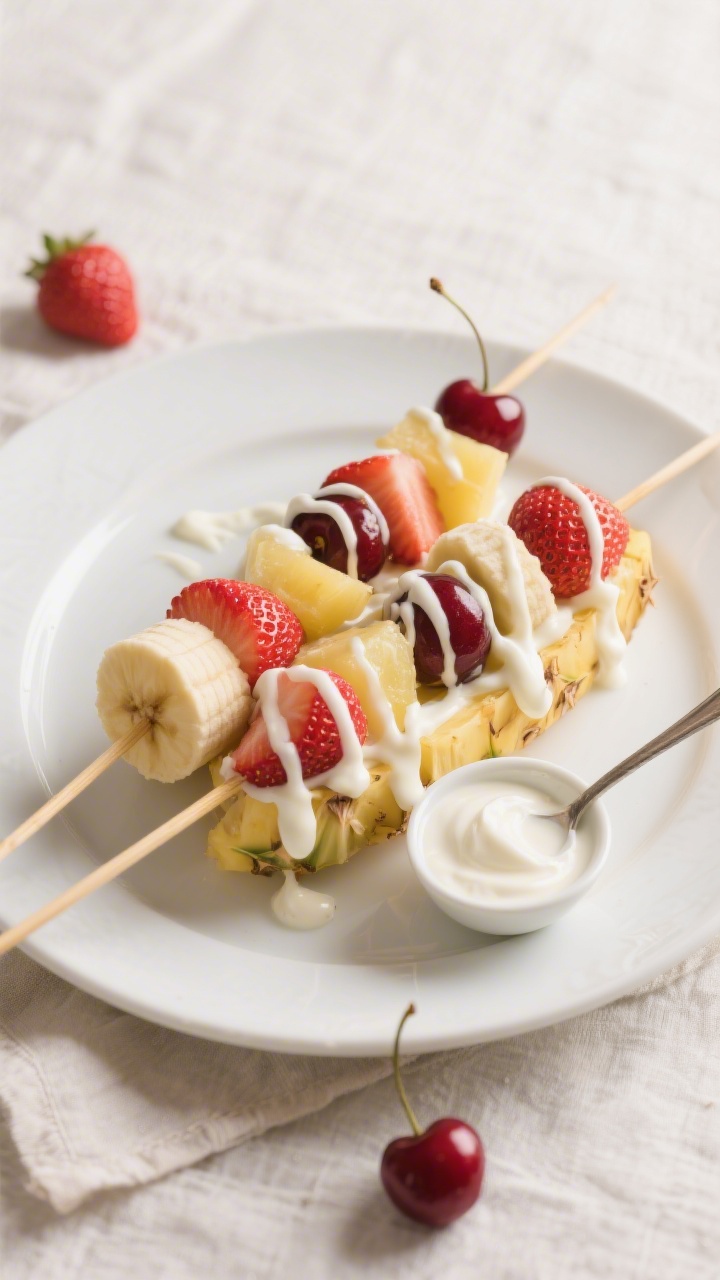 45-degree angle plated shot of Breakfast Banana Split Skewers with a vanilla Greek yogurt drizzle: chunky banana pieces alternated with strawberry halves, pineapple chunks, and halved pitted cherries on long skewers, perched over a shallow white platter. The yogurt is drizzled in thin ribbons over the fruit, with an extra spoon-and-bowl of vanilla Greek yogurt nearby for dipping. Soft morning light, pale linen, and a few stray cherry halves and strawberry tops for context; selective focus on the creamy yogurt sheen against the juicy fruit.