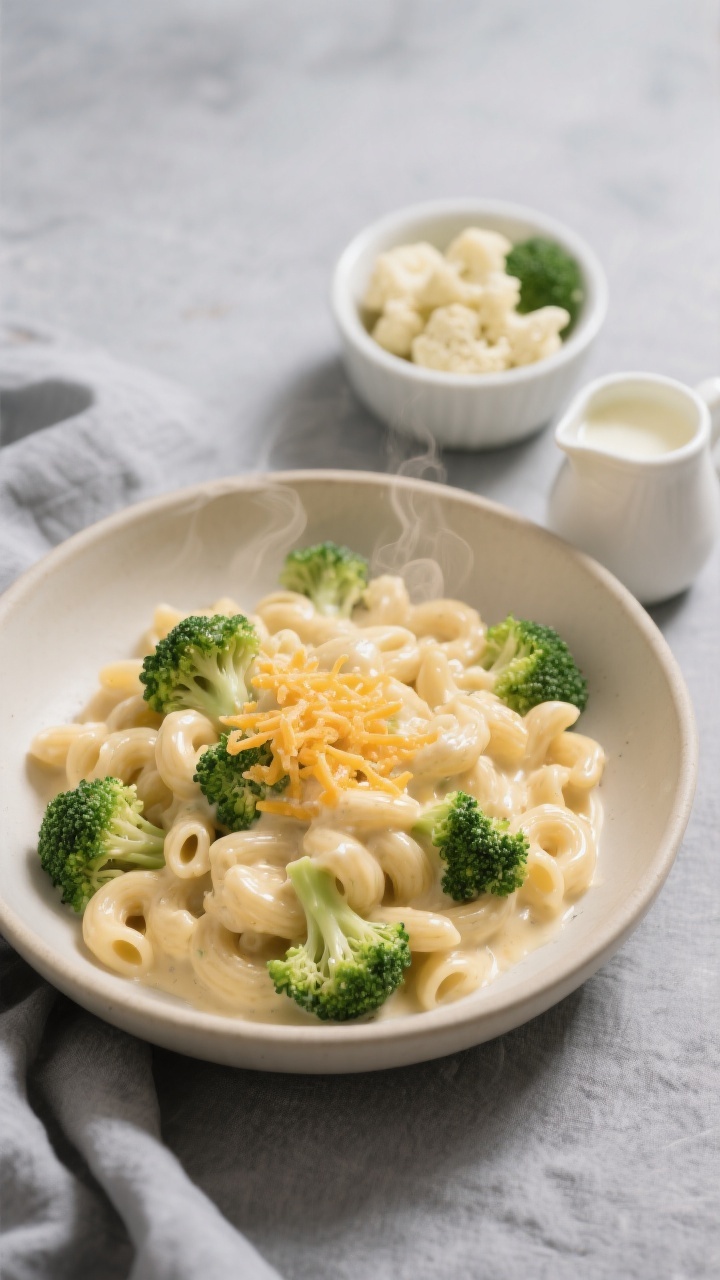 45-degree angle plated shot of creamy broccoli mac with hidden cauliflower sauce: small elbows coated in a silky pale-gold cheddar-cauliflower-milk sauce, teeny-tiny broccoli florets folded throughout, glossy finish with a light cheddar sprinkle. A small white bowl holds extra steamed cauliflower florets ready for blending, and a mini pitcher with warm milk sits nearby to hint at the sauce base. Served in a matte cream bowl on a cool gray linen, gentle steam visible, ultra-creamy close detail on the noodles, kid-friendly cozy vibe, professional soft bounce lighting.