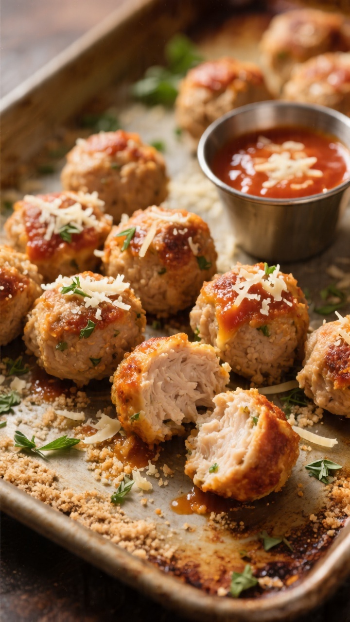 45-degree angle plated shot of Mini Chicken Parm Meatballs fresh from the oven: golden-browned chicken meatballs (ground chicken, whole-wheat breadcrumbs, grated Parmesan, egg, minced garlic, Italian seasoning, onion powder) piled on a warm, rustic baking sheet with crisped cheese flecks; alongside, small dip cups of glossy cheesy marinara (marinara melded with extra Parmesan) topped with micro-grated Parmesan; scattered fresh Italian seasoning herbs and a dusting of breadcrumbs on the sheet for texture; shallow depth of field to highlight juicy interior visible in one split-open meatball, warm tungsten-balanced light for cozy comfort-food appeal.