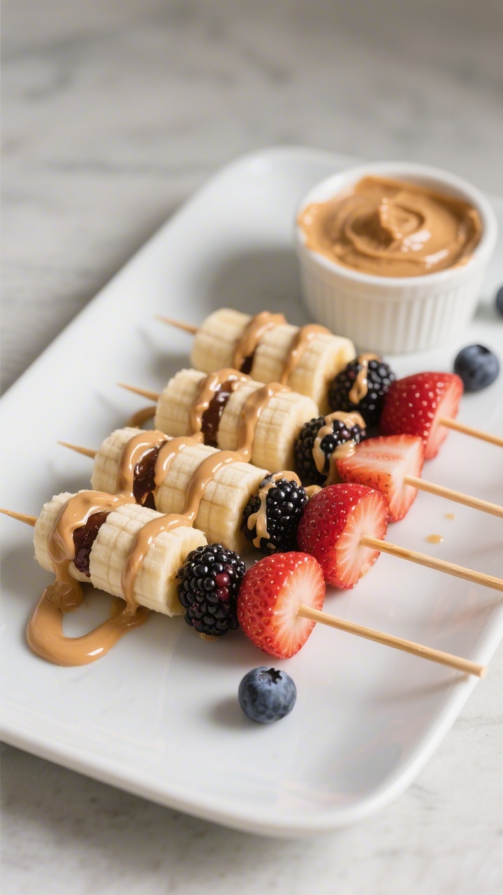 45-degree angle plated shot of “PB&J Banana Boppers (No-Cook Lunchbox Heroes)”: short wooden skewers threaded with 3/4-inch banana rounds, quartered strawberries, and blackberries or blueberries, lightly drizzled with smooth peanut butter (or almond butter) in glossy ribbons. Serve on a matte white rectangular plate with a ramekin of peanut butter on the side and a few escaped berries for casual styling. Clean lunchbox vibe, warm natural light, soft depth of field that focuses on the shine of the nut butter and the juicy berry textures, no people.