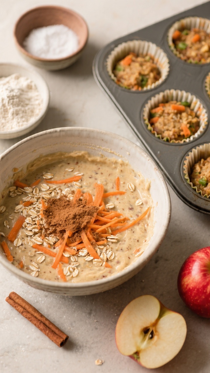 45-degree angle process shot for Apple Cinnamon Veggie Muffins that hide carrots: a mixing bowl with batter speckled with quick oats, finely grated carrot threads, and a dusting of ground cinnamon; nearby are white whole wheat flour, baking powder, baking soda, and a pinch of salt in small prep bowls; a cinnamon stick and a red apple sliced to show freshness; muffin tin lined and half-filled to show the hidden veggies, soft warm lighting, cozy autumn mood, shallow depth of field highlighting the carrot flecks.