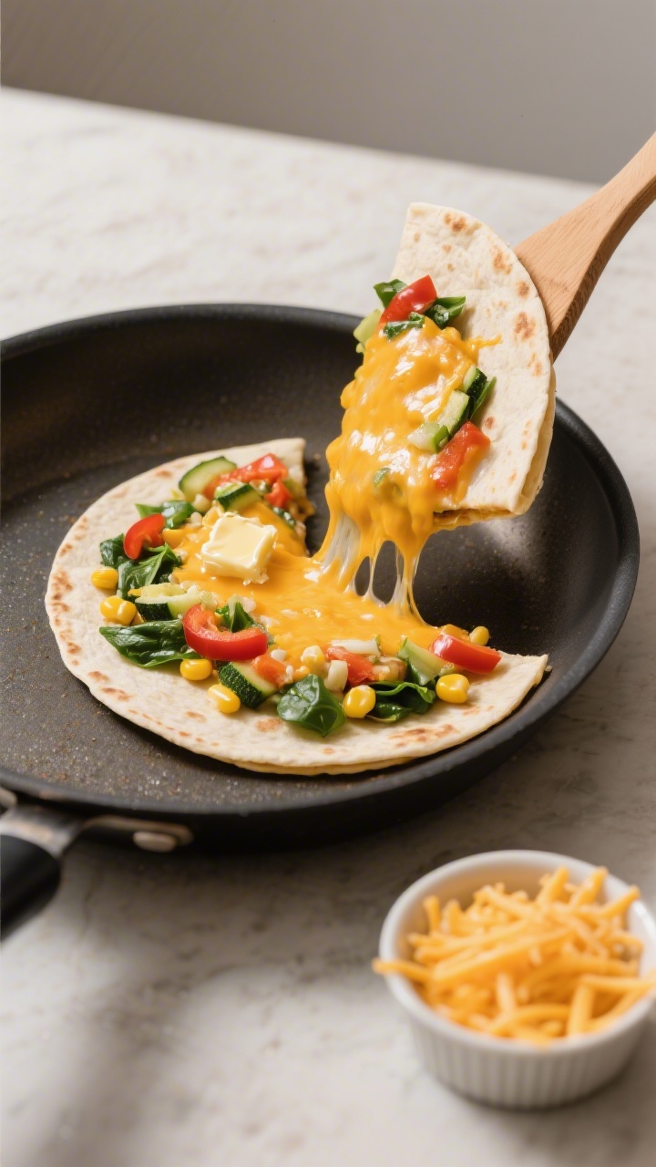 45-degree angle process shot of a 10-minute cheesy veggie quesadilla in a nonstick skillet: an 8-inch flour tortilla half-lifted to reveal melted cheddar–mozzarella blend oozing around finely chopped bell pepper, spinach, sweet corn, and bits of zucchini; edges lightly golden from a thin pat of butter; a wooden spatula resting at the side; warm, melty cheese pull captured mid-fold; simple backdrop of a neutral countertop with a small ramekin of extra shredded cheese.