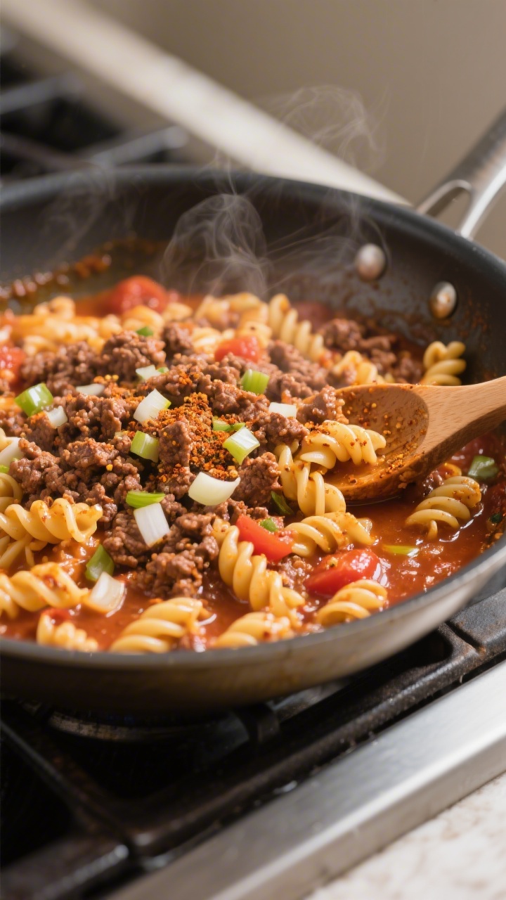 45-degree angle process shot of a cozy one-pot beefy taco pasta simmering in a wide stainless skillet: crumbled browned ground beef, spirals of pasta nestled in a tomato-saucy base, steam rising; visible bits of onion and minced garlic, dusting of taco seasoning on the surface, a drizzle of olive oil sheen, and a wooden spoon partially submerged; styled on a stovetop with a neutral backdrop, rich saturated colors, family-friendly comfort vibe.