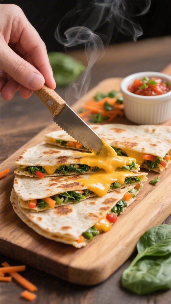 45-degree angle process shot of cheesy veggie quesadilla dippers being sliced into dunkable strips on a wooden board: whole-wheat tortillas griddled to golden spots, oozing melted cheddar/Monterey Jack with very finely chopped spinach, finely grated carrot, and minced bell pepper peeking from the edges. A small ramekin of salsa on the side, scattered spinach flecks and carrot shreds for context. Warm, kid-friendly vibe, shallow depth of field, steam softly visible.
