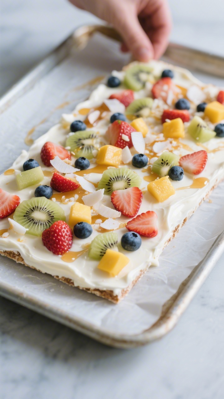 45-degree angle process shot of Frozen Yogurt Bark being assembled on a rimmed sheet pan lined with parchment: a smooth layer of vanilla Greek yogurt lightly sweetened with honey spread evenly, then topped with fine “fruit confetti” — tiny dice of strawberries, kiwi, mango, and blueberries — plus a drizzle of honey and a few coconut flakes. Focus on the creamy yogurt texture and vivid fruit specks, cool-toned background, professional, clean styling, ready to be frozen.