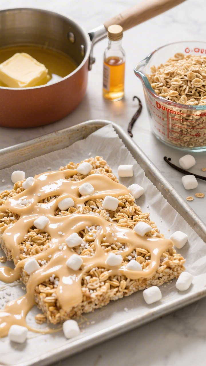 45-degree angle process shot of glossy no-bake cereal bars being pressed into a parchment-lined pan: stretchy pools of melted mini marshmallows swirling with crispy rice cereal, specks of sea salt, a pat of unsalted butter melting in a saucepan, and a vanilla extract bottle in frame; capture the sticky, shiny texture and airy cereal pockets; bright, playful styling with a few whole mini marshmallows and measured 6-cup mound of cereal on the side.
