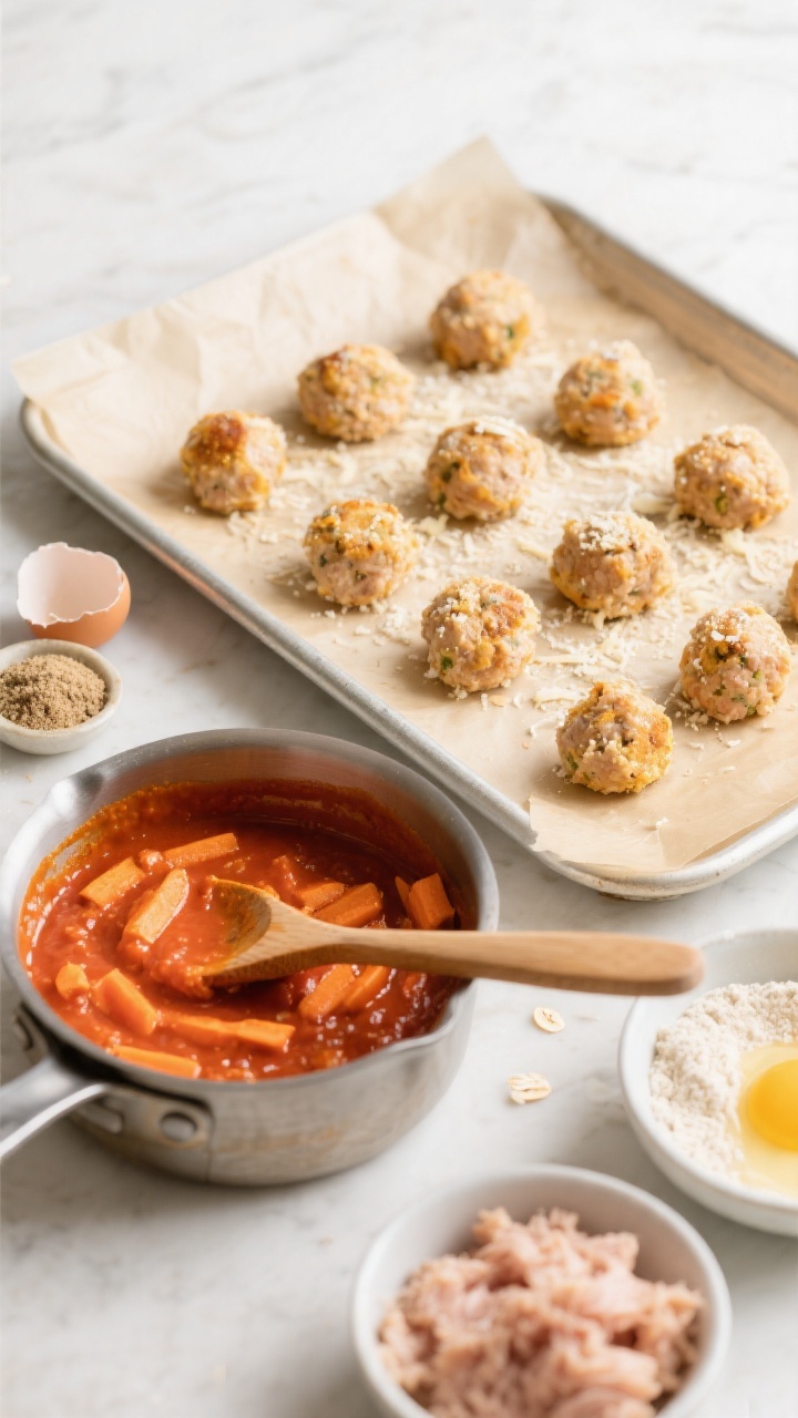 45-degree angle process shot of mini chicken meatballs being formed and baked: a parchment-lined sheet pan with neatly arranged small chicken (or turkey) meatballs, lightly golden at the edges, with visible flecks of grated Parmesan and fine breadcrumbs. In the foreground, a small saucepan of carrot–sweet-potato marinara simmering, vibrant orange-red with a smooth texture, a wooden spoon resting across the pot. Include bowls of ground chicken, breadcrumbs/oat flour, a cracked egg (or flax “egg”), and a pinch bowl of onion powder. Clean, bright kitchen styling, neutral props, focus on the contrast between the golden meatballs and the vivid sauce.
