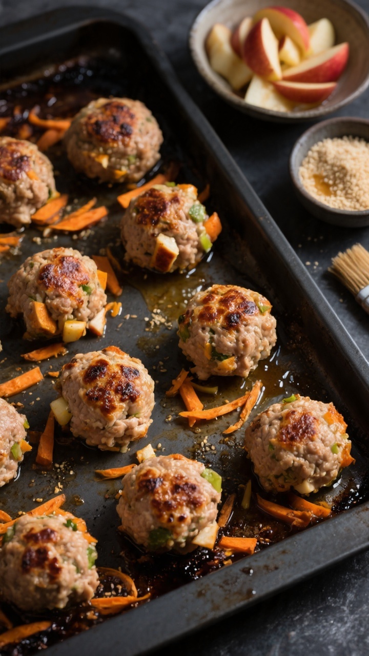 45-degree angle process shot of one-pan sweet potato, apple, and chicken meatballs just pulled from the oven, caramelized spots on the meatballs, set on a dark sheet pan; visible fine shreds of raw sweet potato and apple in a prep bowl to the side, breadcrumbs in a pinch bowl, and a brush of pan juices for gloss; clean, moody lighting to emphasize texture, no garnishes, family-friendly savory-sweet aroma suggested.
