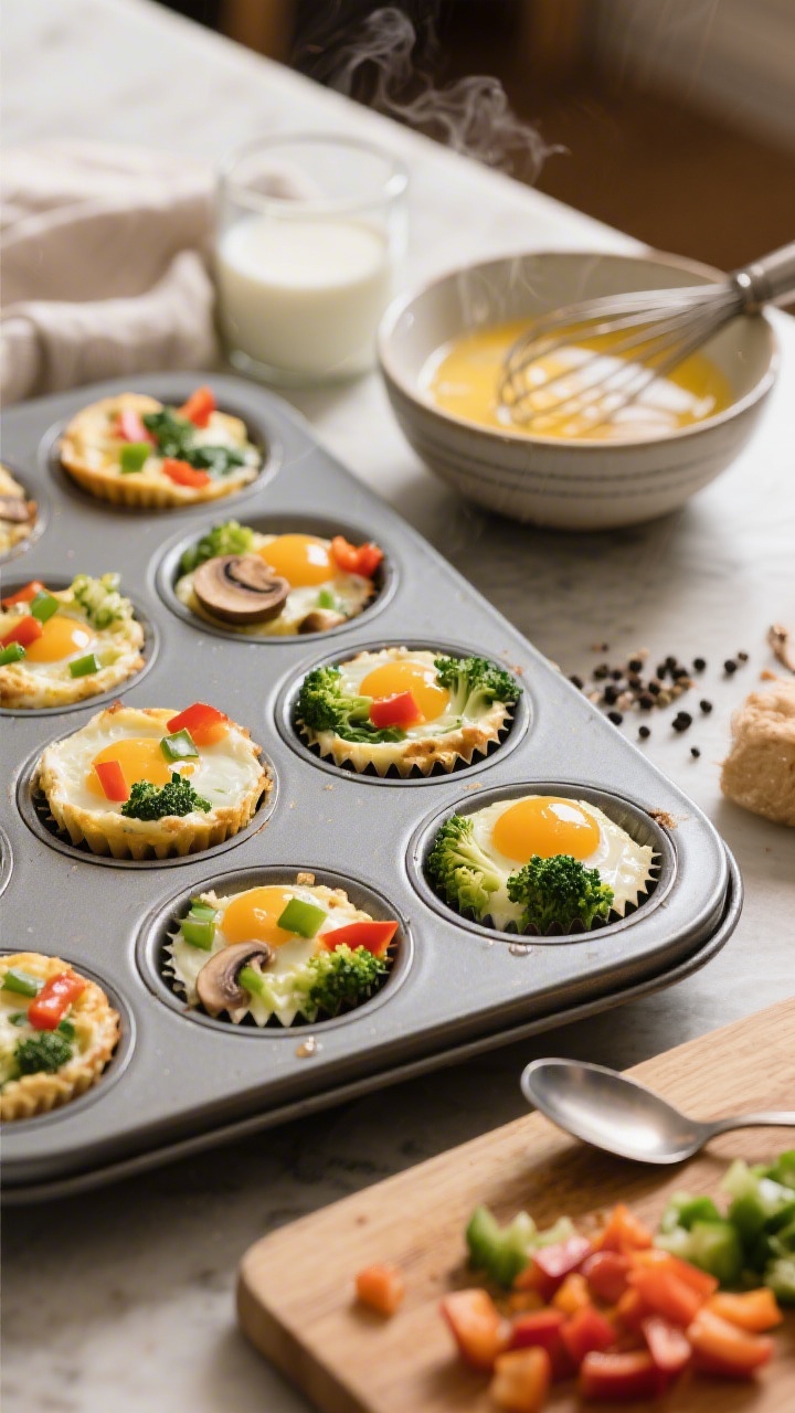 45-degree angle process shot of sheet-pan egg and veggie muffin cups just out of the oven in a nonstick muffin tin: fluffy, set eggs speckled with finely chopped bell pepper, spinach, broccoli florets, and mushrooms; a small bowl with whisked eggs, milk, salt, and black pepper off to the side, plus a ladle and chopped veggies on a cutting board; warm, homey morning light, subtle steam, emphasis on reheatable meal-prep vibe and clean edges