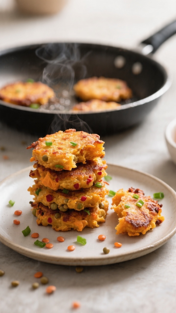45-degree angle process-to-plate shot of cozy sweet potato and lentil mini fritters: golden mini fritters stacked on a small plate, flecks of red lentils and mashed sweet potato visible, tiny specks of green onion/chives; a nonstick skillet in the background with a few fritters mid-sear; exterior crispness with tender interior crumb shown in one broken fritter; warm, autumnal color palette, soft directional light, subtle steam for appetizing warmth.