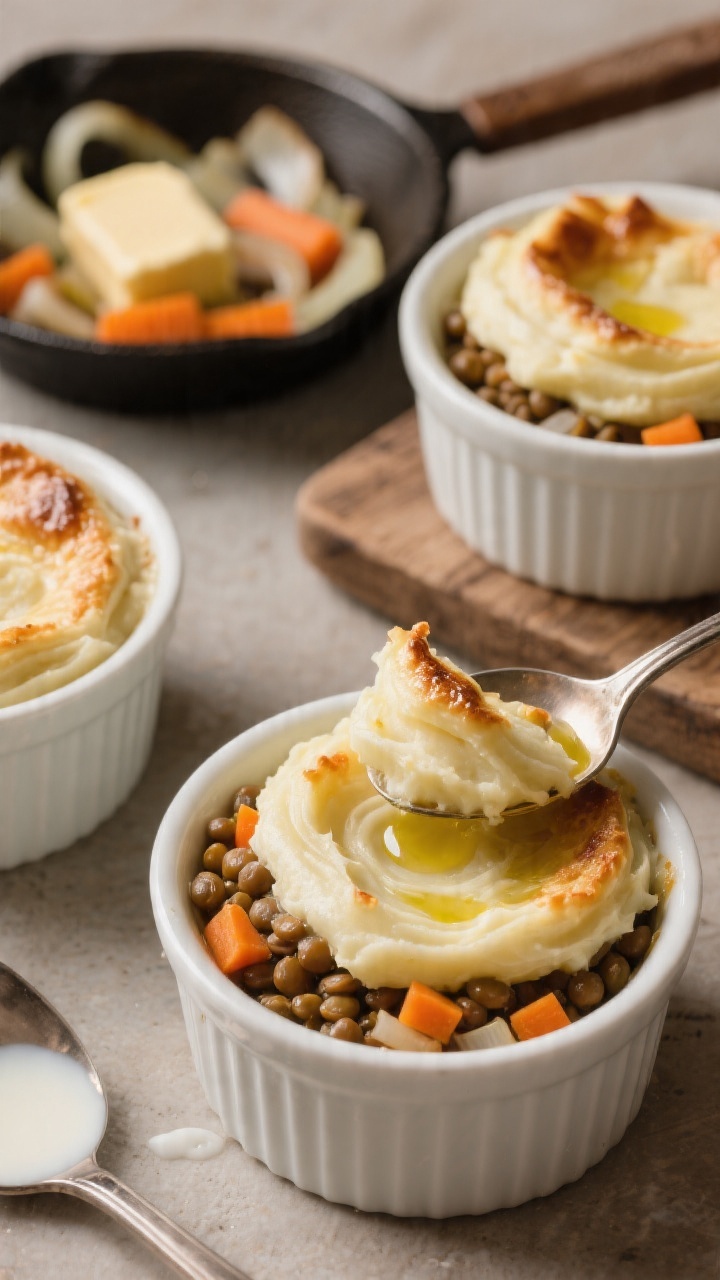 45-degree angle rustic ramekins of cozy lentil and veggie mini shepherd’s pies: individual white baking dishes with a rich lentil-vegetable base (visible diced carrot and onion bits) tucked beneath a fluffy swirl of mashed potatoes browned at the peaks, brushed with olive oil for shine; a spoonful taken from one ramekin to reveal saucy lentils underneath; nearby props include a small skillet with sautéed onion and carrot, and a butter pat beside a splash of milk; warm, homestyle lighting, comforting textures emphasized.
