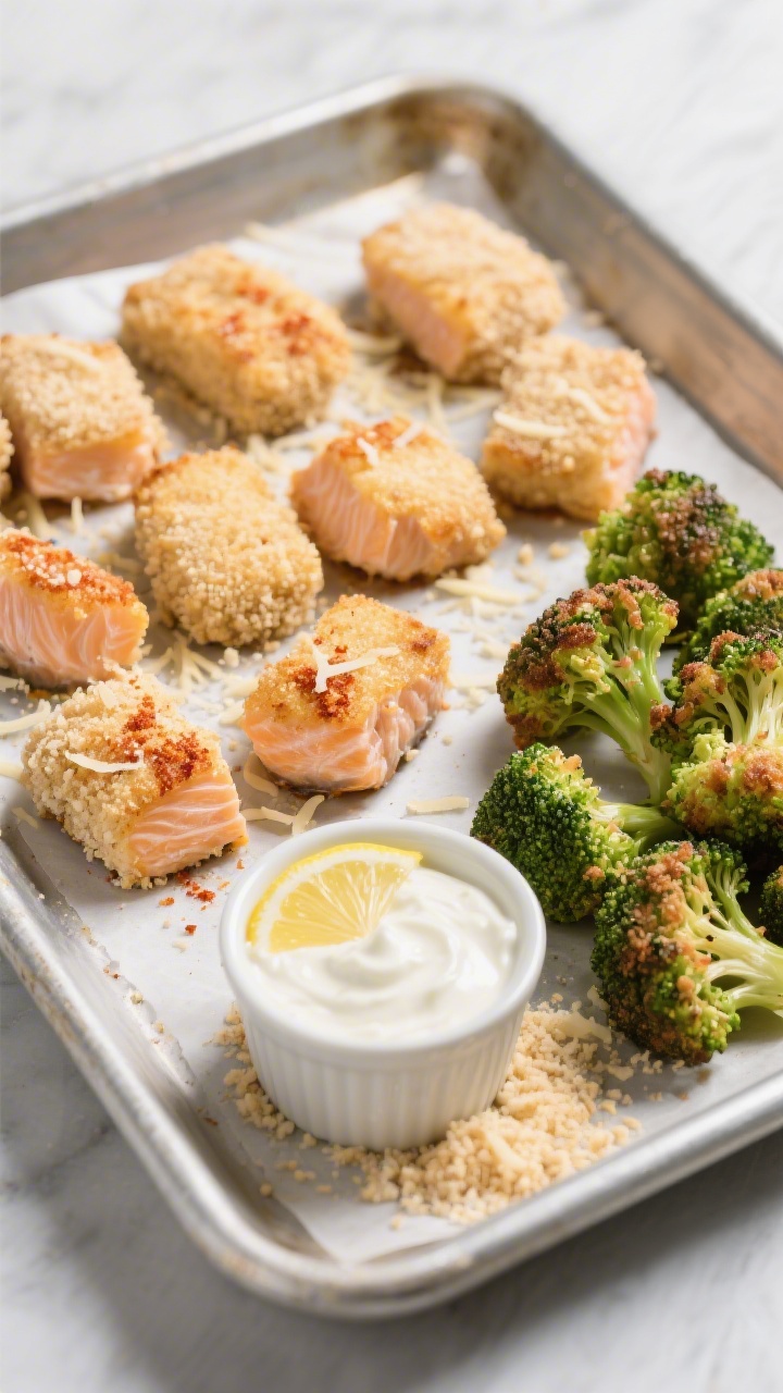 45-degree angle sheet-pan scene of salmon nuggets with broccoli tots: bite-size salmon chunks breaded with plain breadcrumbs and grated Parmesan, lightly seasoned with sweet paprika and garlic powder, baked to a crisp golden exterior. Alongside, compact green broccoli tots with a lightly browned crust. Presented on a metal sheet pan with parchment, a small ramekin of lemon-yogurt dip, extra breadcrumbs and Parmesan sprinkled artfully. Clean, vibrant look, high detail, no human elements.