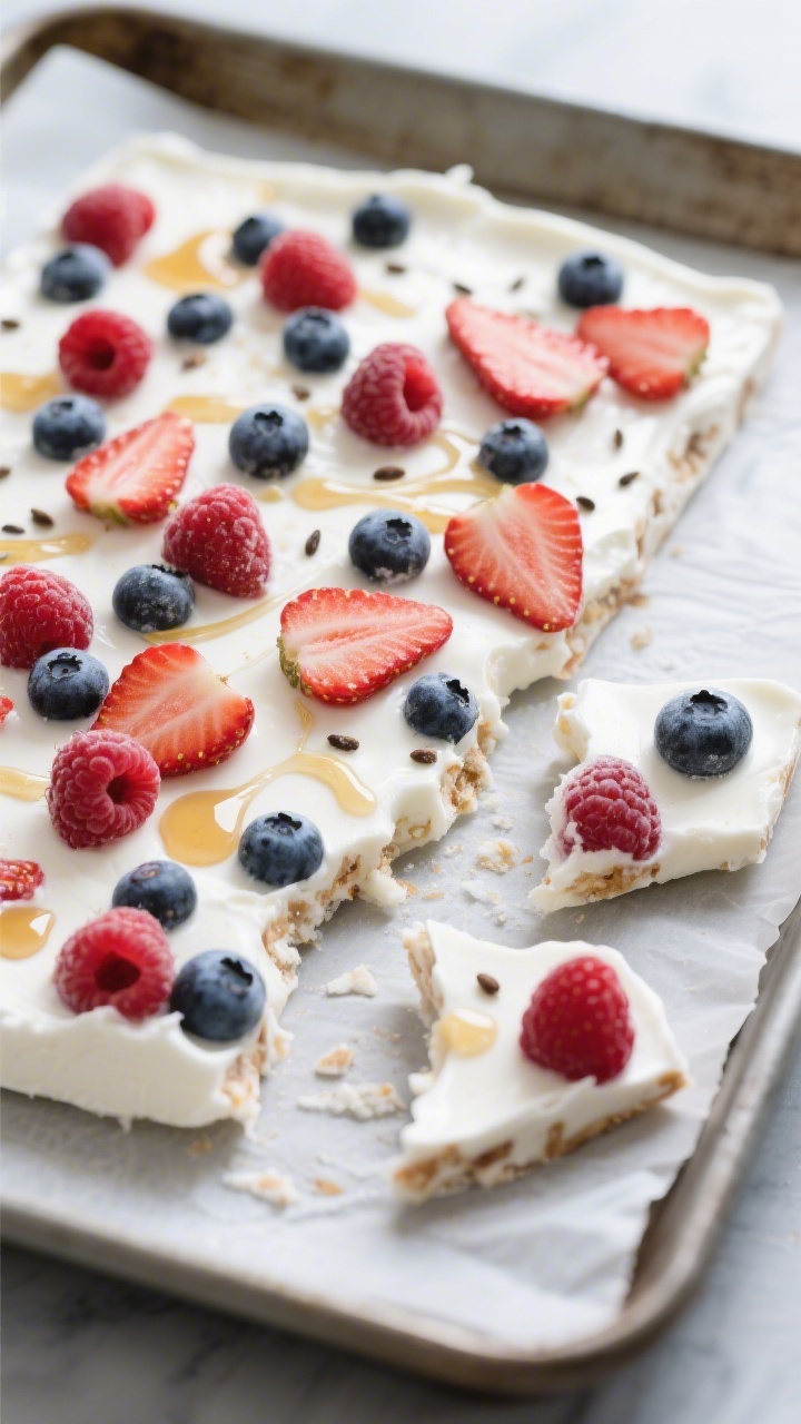 45-degree angle shot of a sheet pan lined with parchment holding frozen Greek yogurt bark: thick white yogurt base lightly sweetened with honey and vanilla, studded with a vibrant mix of berries—sliced strawberries, whole blueberries, and raspberries—plus a delicate drizzle of extra honey. A few snapped shards are pulled forward to show the clean, crunchy break and frosty texture. Minimal props, cool tones, sharp focus on icy edges and berry seeds.