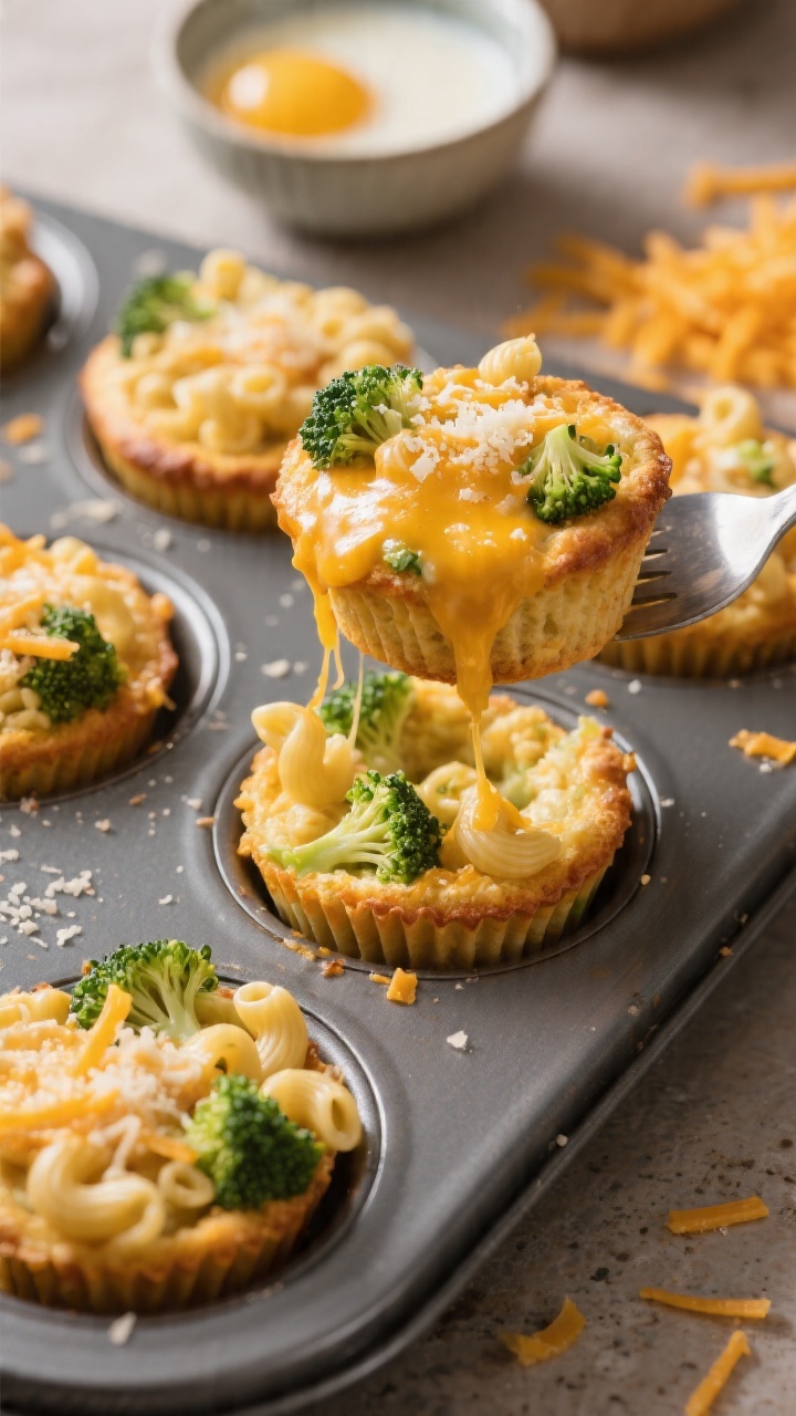 45-degree angle shot of Cheesy Broccoli Mac Muffin Cups fresh from a nonstick muffin tin: golden, cheesy tops with visible macaroni elbows and chopped green broccoli florets, a sprinkle of melted shredded cheddar and grated Parmesan on top; a small bowl with beaten eggs and milk in the background, some extra shredded cheddar scattered on the counter; warm, inviting light emphasizing crisp edges and gooey cheese pull on one muffin being slightly lifted with a spatula.
