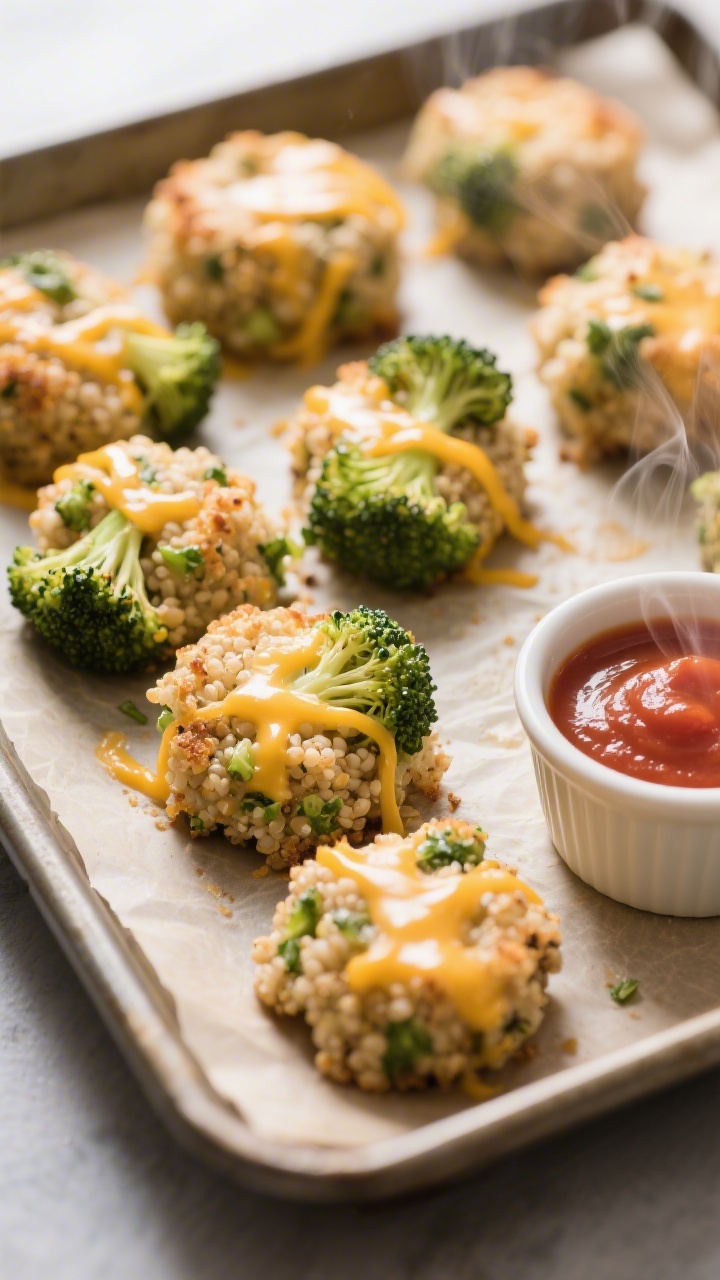 45-degree angle shot of cheesy broccoli quinoa bites fresh from the oven on a parchment-lined sheet pan, golden at the edges with melted cheddar threads visible, flecks of finely chopped steamed broccoli throughout, and a faint breadcrumb crust. A small toddler-sized dipping ramekin of mild marinara on the side, steam subtly rising; warm, homey mood with shallow depth of field highlighting the texture of quinoa and cheese.