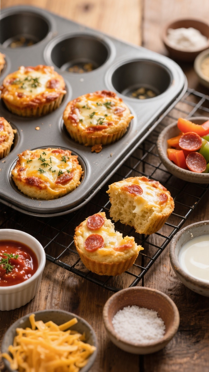 45-degree angle shot of cheesy mini pizza muffins fresh from a nonstick muffin tin, tops bubbling with melted mozzarella, flecks of dried oregano and garlic powder visible. Surround with small prep bowls of all-purpose flour, baking powder, baking soda, salt, buttermilk, pizza sauce, mini pepperoni, diced bell pepper, and shredded cheese. A cooling rack catches a few muffins split open to show airy crumb and cheesy pockets. Warm, cozy lighting with a rustic wooden tabletop and a light marinara dip ramekin for context.