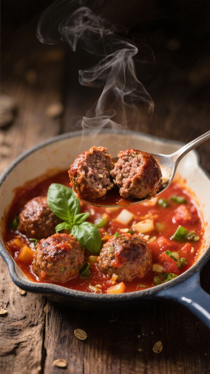 45-degree angle shot of cozy mini meatballs simmering in a hidden veggie marinara in a small enameled skillet: tender beef meatballs (made with 90% lean ground beef, finely ground oats/breadcrumbs, grated onion, egg, milk) nestled in a thick red sauce with ultra-fine veggie bits blended in; steam gently rising, a spoon lifting two glistening meatballs to show juicy interiors, scattered fresh basil leaves for color contrast, warm rustic wood surface, moody yet clean light.