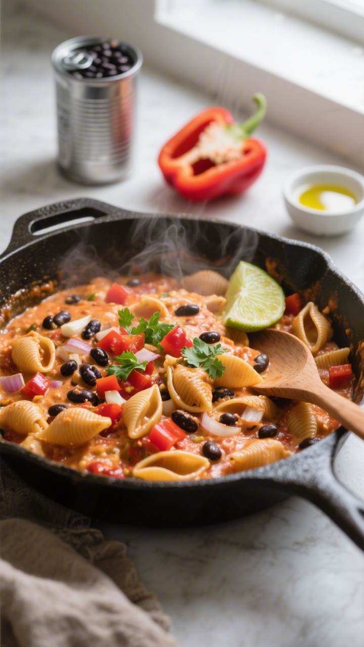 45-degree angle shot of Creamy One-Pot Taco Pasta in a wide, shallow skillet: tender small pasta shells coated in a creamy tomato-taco sauce with black beans, diced red bell pepper, onions, and garlic visible throughout, steam gently rising, garnished with a squeeze of lime and a sprinkle of chopped cilantro, a wooden spoon resting in the skillet showing the saucy texture, supporting props include a can of black beans, halved red bell pepper, and a small dish of olive oil, warm, cozy weeknight vibe with soft window light.